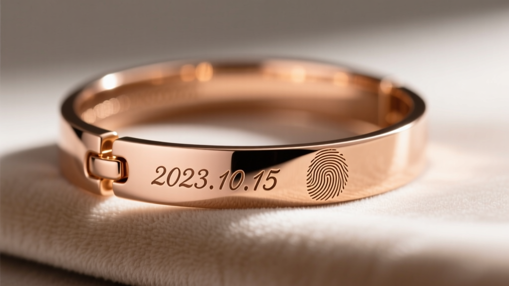 Close-up of a laser-engraved 14k rose gold hinged bangle bracelet showing a delicate script wedding date and fingerprint pattern