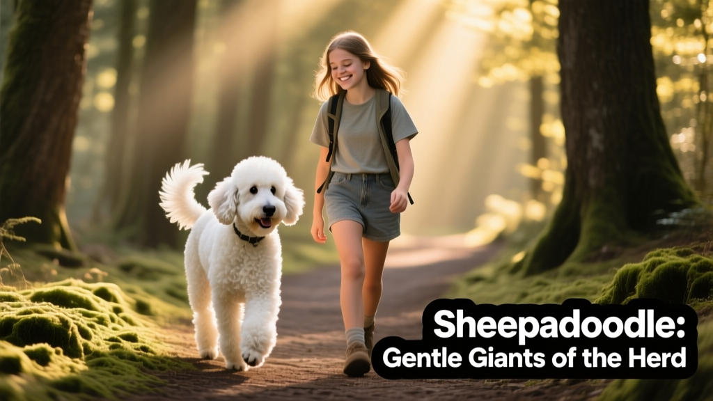 A Sheepadoodle and a teenager walking side-by-side on a forest trail, both relaxed and happy