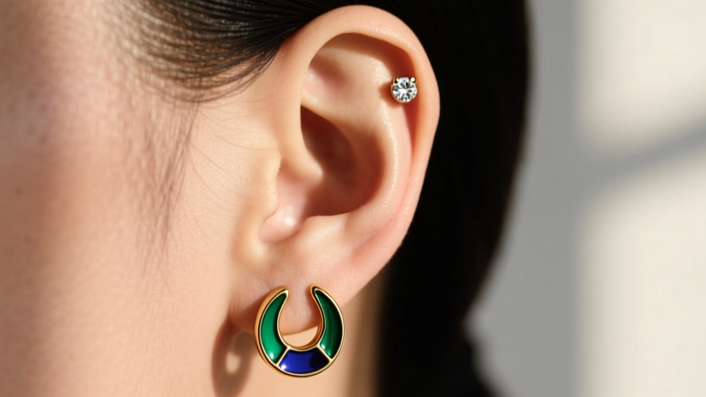 Side profile of an ear showing a stacked piercing with a gold enamel huggie in the lobe and a small crystal stud in the helix
