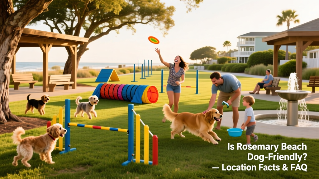 Rosemary Beach Dog Park with shaded seating, agility equipment, and water stations