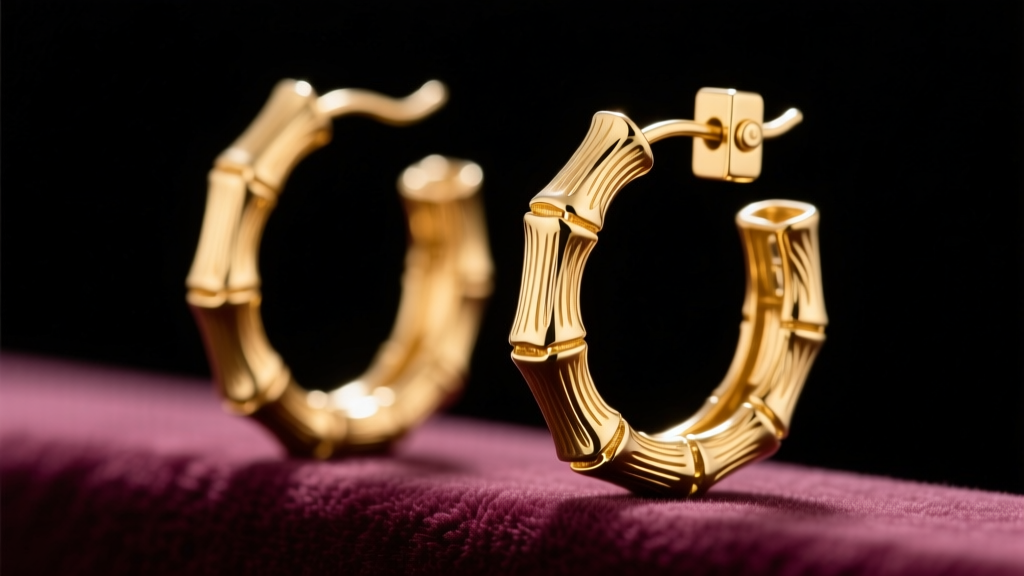 Close-up of 14k yellow gold bamboo textured hoop earrings on velvet, showing intricate node engravings and a hinged clasp detail