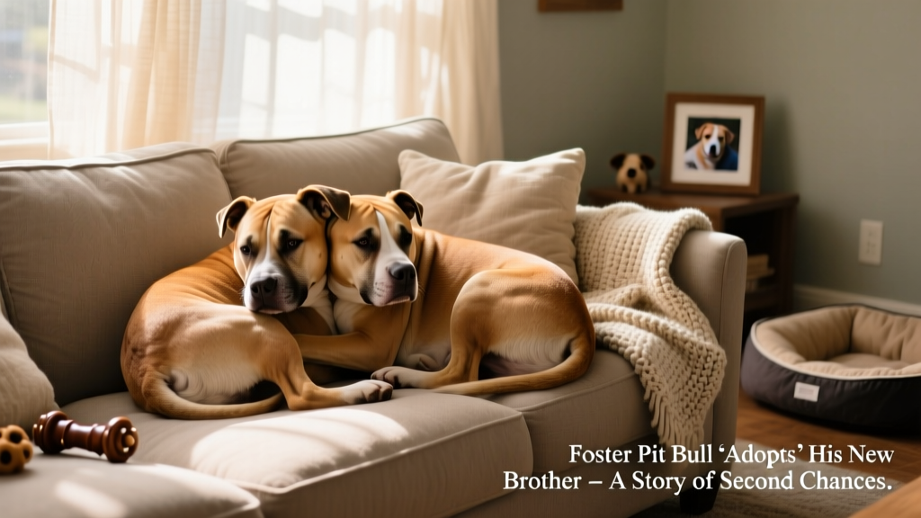 Two Pit Bulls cuddling closely on a cozy living room couch, one gently resting his head on the other's back