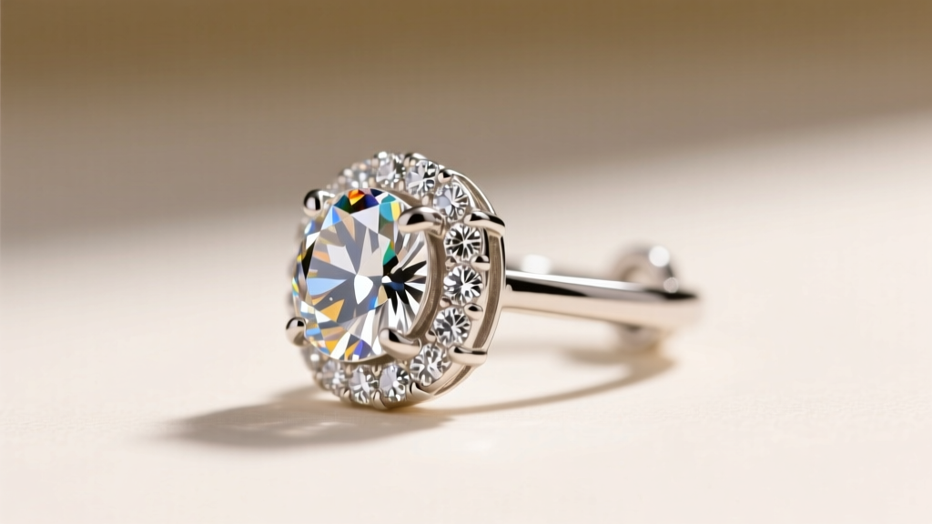 Side profile of a bridge set diamond earring highlighting the platinum bar securing the pavilion against a soft blurred background
