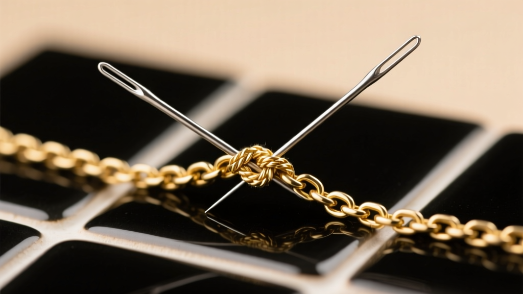 Two fine sewing needles carefully working apart a stubborn knot in a thin gold herringbone chain on a matte black ceramic tile.