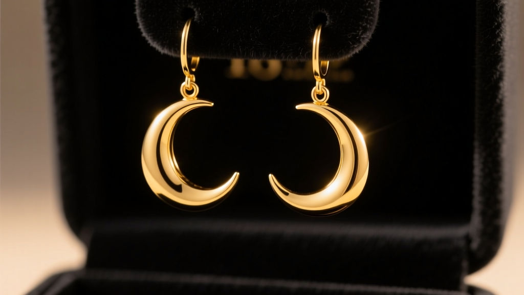 Close-up of 18k yellow gold crescent moon dangle earrings catching soft evening light against a blurred dark velvet display pad.