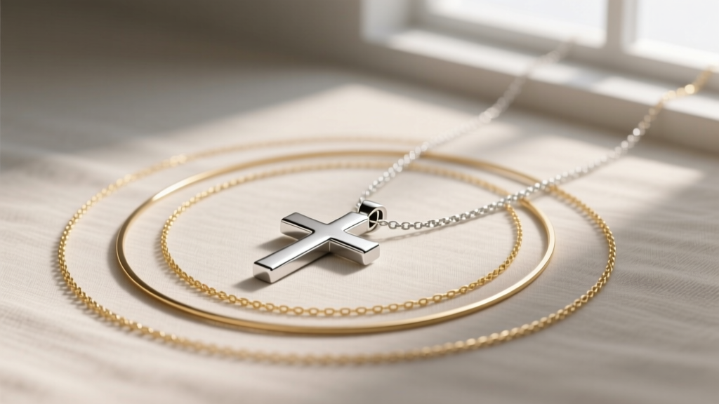 Flat lay of layered necklaces featuring a central sideways cross pendant in sterling silver, surrounded by minimalist gold chains
