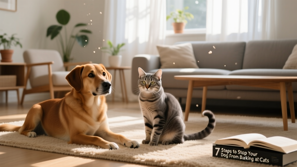 A calm dog and cat sitting side by side in a sunlit living room, both relaxed and ignoring each other