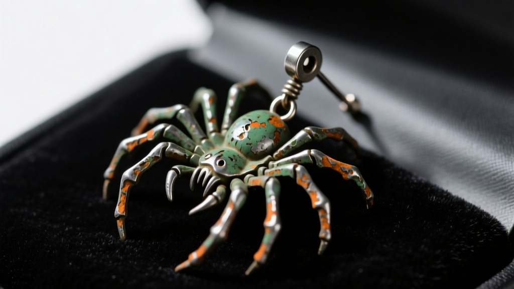 Close-up of a tarnished zinc-alloy Halloween spider earring with a rough metal post resting on a dark velvet surface.