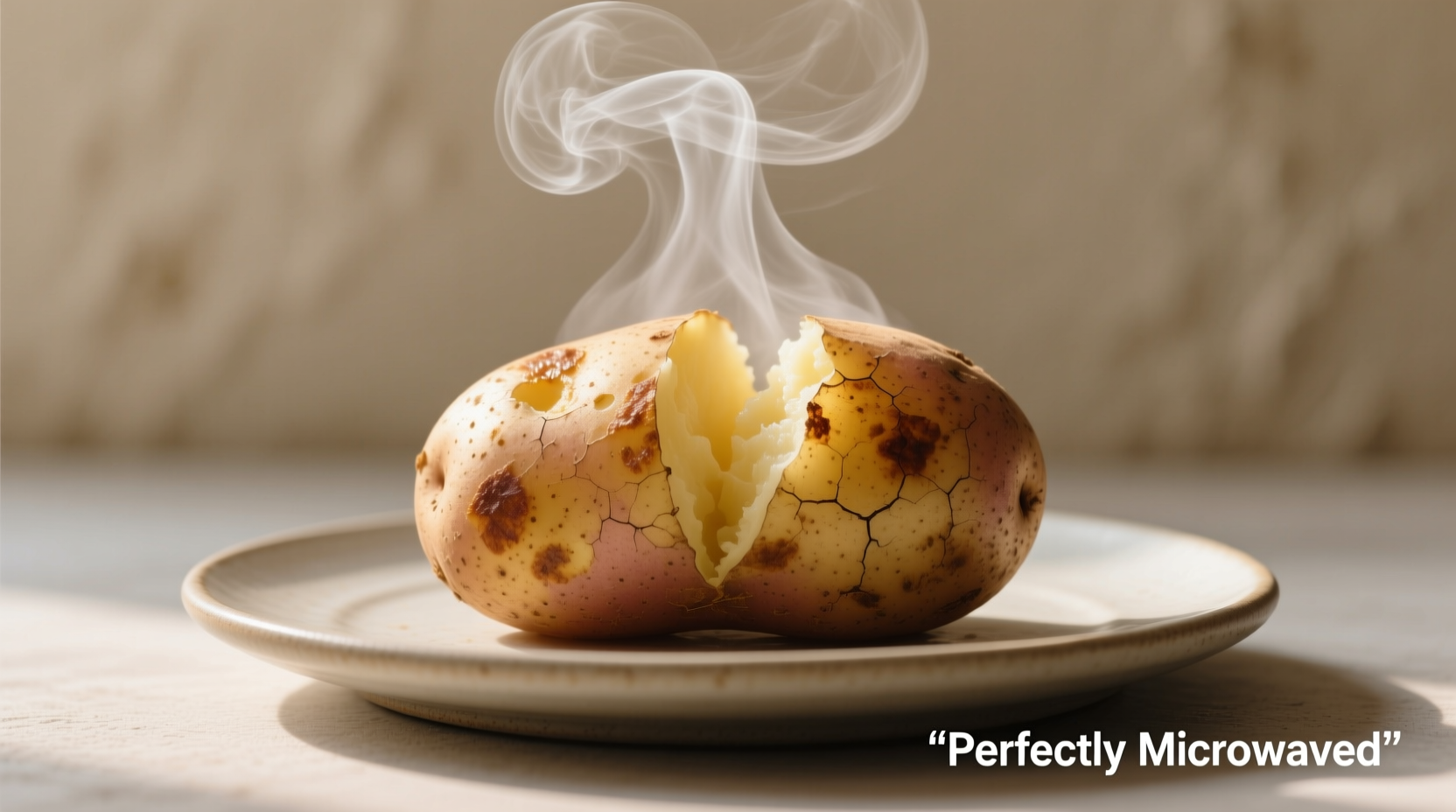 Perfectly microwaved russet potato with steam rising