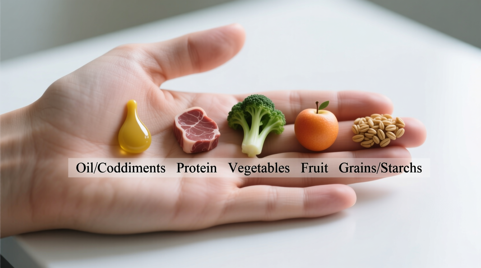 Hand visual guide showing portion sizes for different food groups