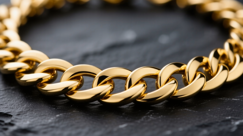 Macro shot of thick 14k yellow gold curb necklace links on dark slate, highlighting the flat, soldered interlocking structure.