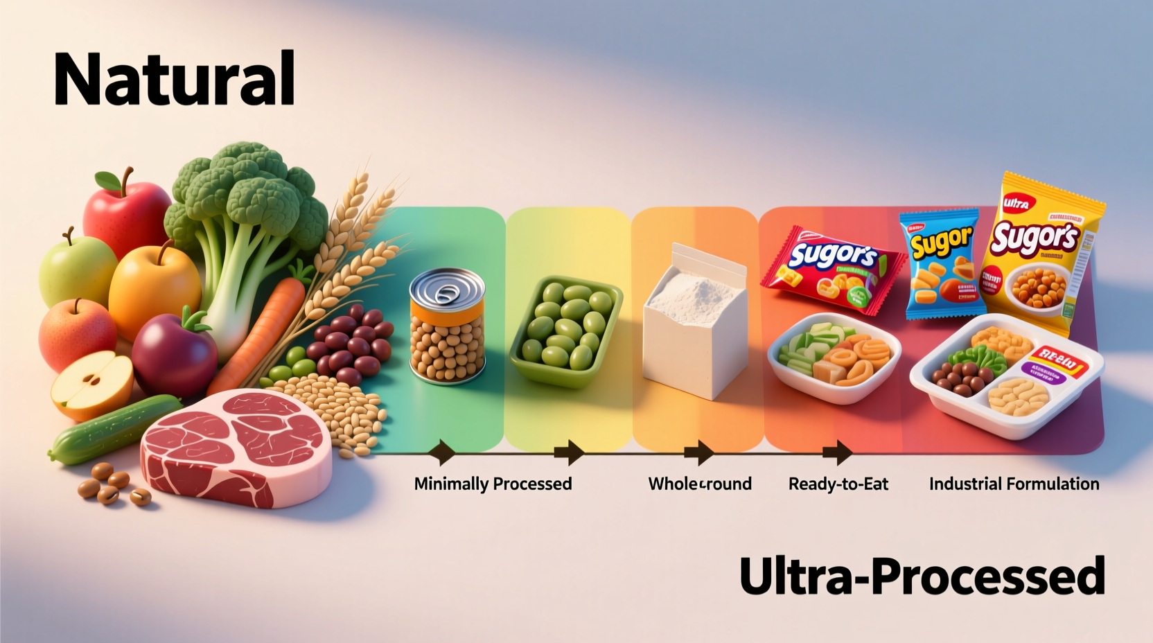 Food processing spectrum showing natural to ultra-processed foods