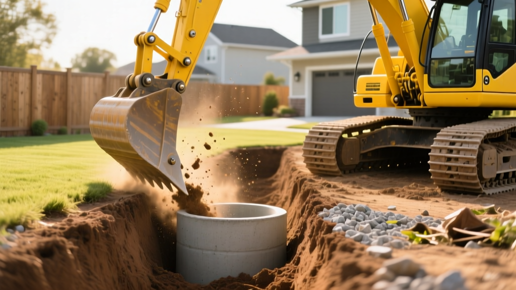 Yellow excavator digging a deep trench for a 1000-gallon concrete septic tank installation in a residential backyard with loose brown soil.