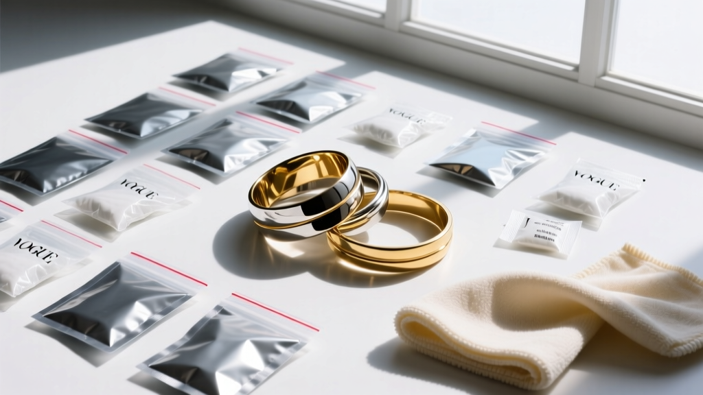 Overhead flat lay of anti-tarnish ziplock bags, silica gel packets, and a polishing cloth next to mixed-metal fashion bangles