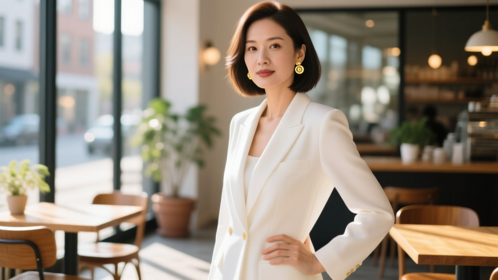 Woman wearing mid-century 14k gold button earrings and a white blazer, posing in a sunlit cafe with a softly blurred background.