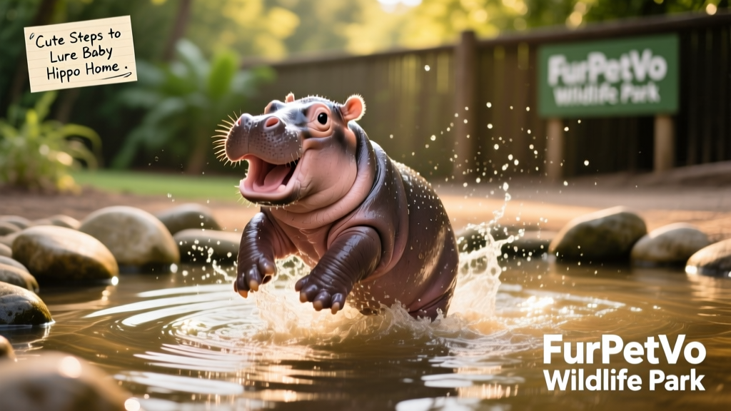 Latke the baby pygmy hippo playfully splashing in his outdoor enclosure at FurPetVo Wildlife Park