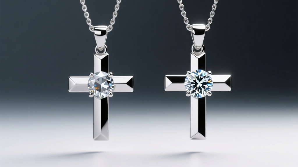 Two cross pendants compared under bright jeweler lighting, showing cloudy I3 diamonds next to brilliant SI1 diamonds.