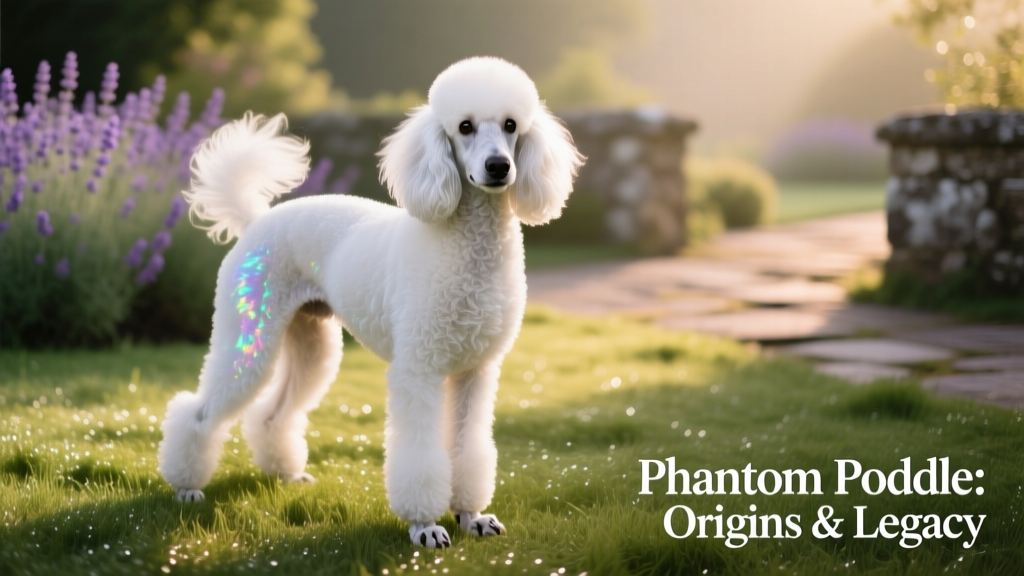 a standard phantom poodle standing on grass