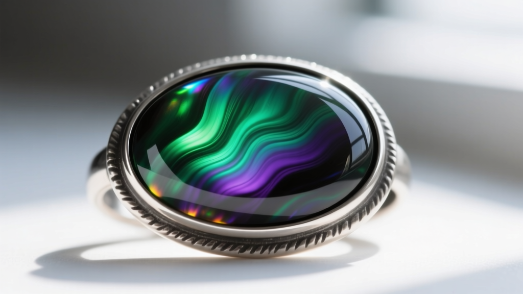 Close-up of polished rainbow obsidian cabochon in oxidized silver bezel, displaying vibrant green and purple iridescent flow bands.