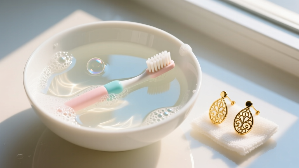 Top-down view of a glass bowl with warm soapy water, a baby toothbrush, and gold vermeil clip on earrings being gently scrubbed