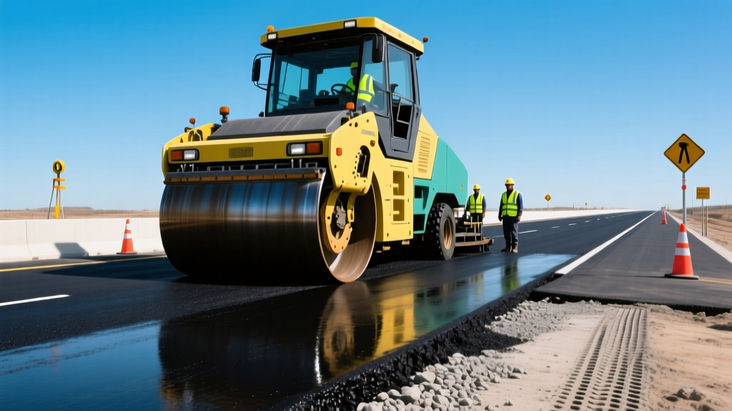 A heavy-duty asphalt paver laying a fresh blacktop surface on a multi-lane highway construction site during daytime operations.