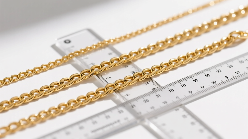 Flat lay showing three gold chain lengths measured with a ruler, highlighting the exact two-inch gap between each layered necklace