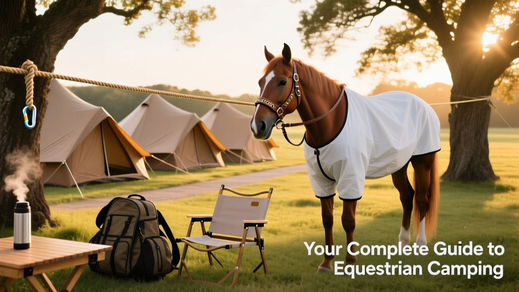 A neatly organized campsite with tents, a highline strung between two trees, and a horse resting nearby with a fly sheet and halter