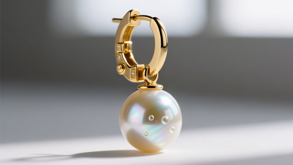 Close-up of an 18-gauge 14k gold leverback earring finding supporting a heavy glass pearl drop, showing the secure clasp.