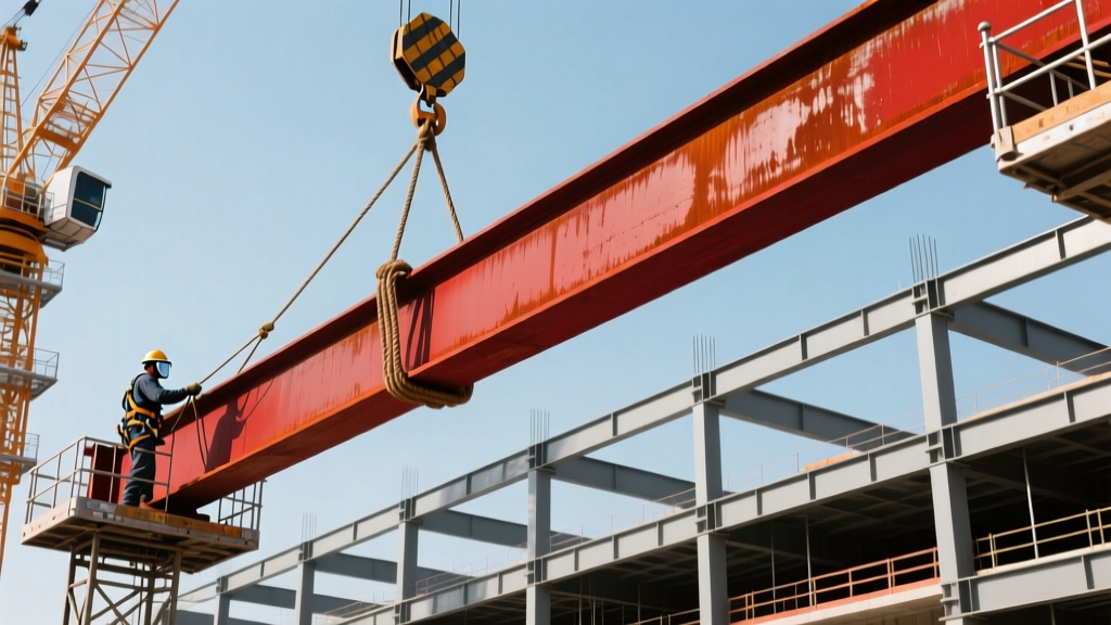 Crane lifting a red oxide structural steel I-beam into place on a commercial framework while ironworkers guide it with taglines