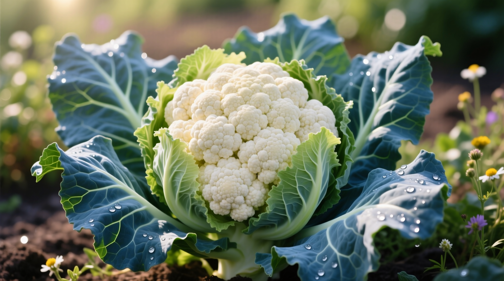 Long Island Improved cauliflower head with characteristic blue-green leaves