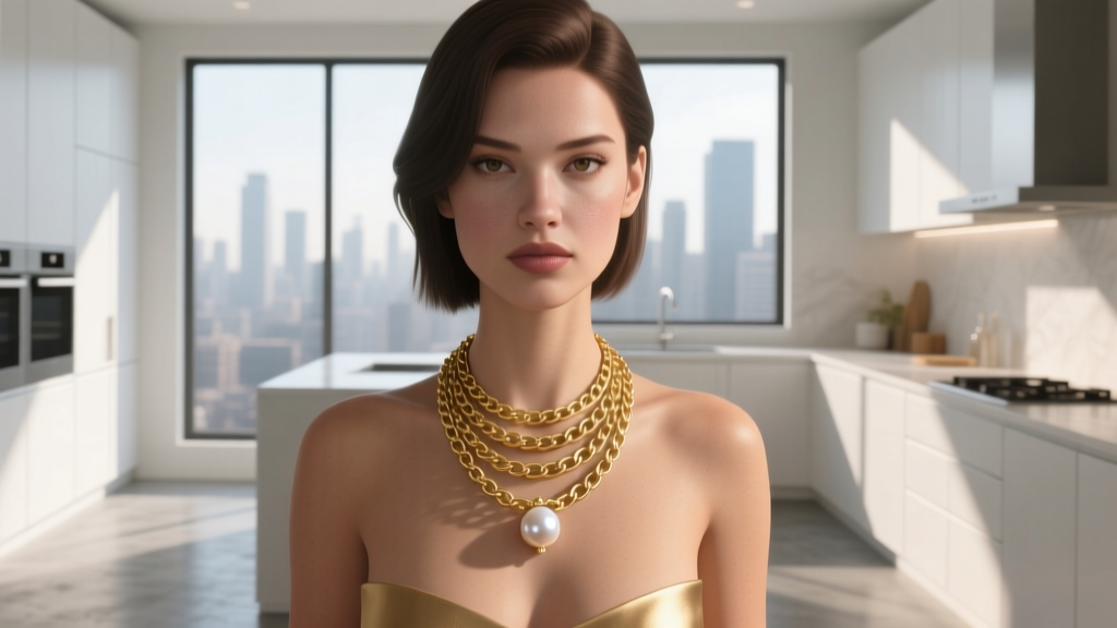3D render of a female Sim wearing a layered gold chain and pearl pendant necklace in a sunlit modern virtual kitchen environment.