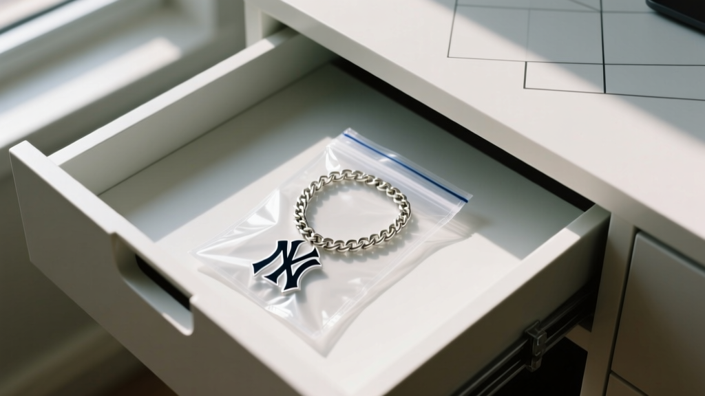 Organized drawer showing a New York Yankees chain necklace stored inside an individual anti-tarnish ziplock pouch, top-down view.