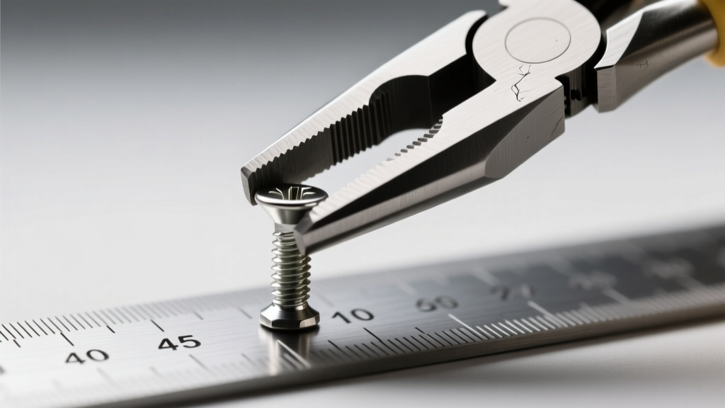 Side view of a steel nose screw being bent at a 45-degree angle using fine-tipped chain nose pliers over a metal gauge ruler