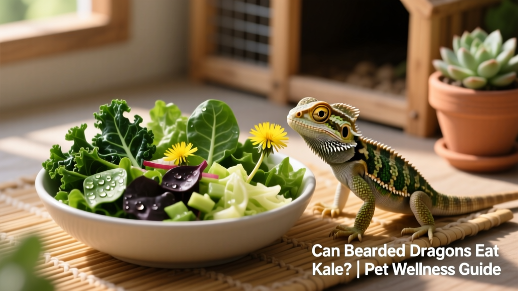 A colorful salad bowl with chopped kale, collard greens, and dandelion leaves prepared for a bearded dragon