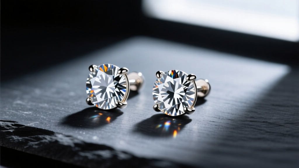 Macro photo of 0.25 ct round brilliant diamond stud earrings in 14k white gold martini settings on dark slate with dramatic lighting