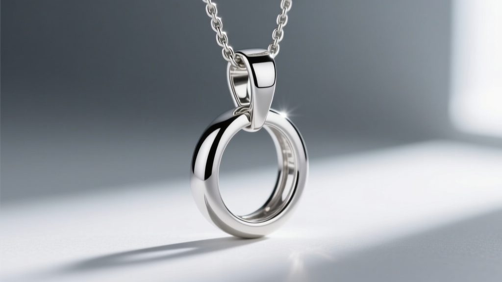 Macro shot of a rhodium-plated sterling silver hidden bail pendant showing seamless back attachment against a soft grey backdrop.