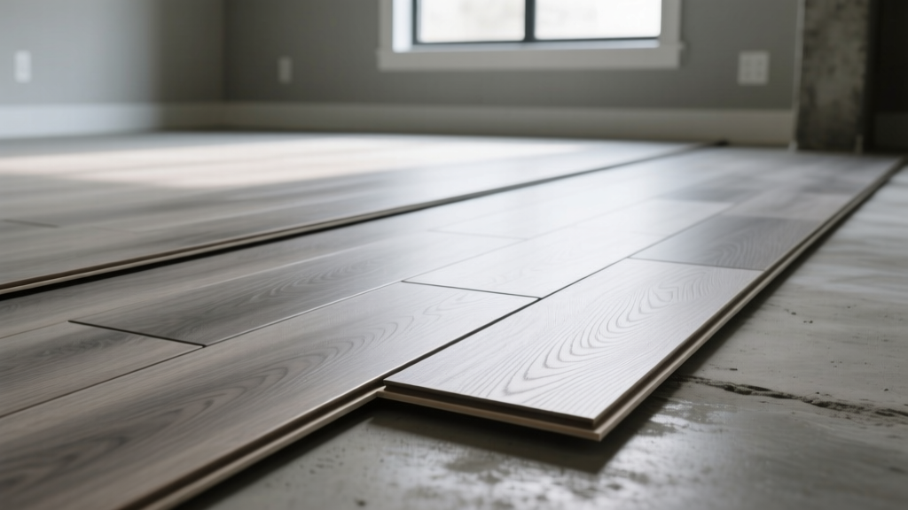 Close-up of interlocking luxury vinyl planks with gray oak finish being installed over a sealed concrete basement floor