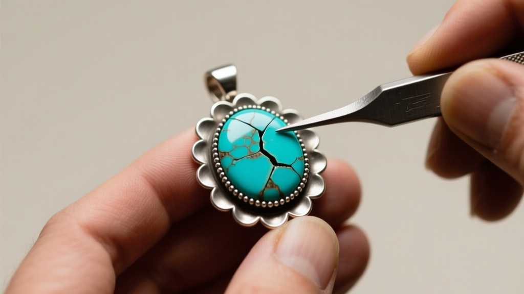 Jeweler using a steel bezel pusher to tighten a scalloped silver bezel around a cracked Kingman turquoise stone on a Naja