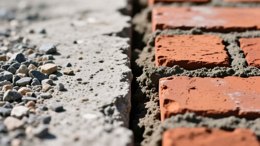 Close-up split view of coarse gray concrete with gravel aggregate beside smooth fine-textured mortar binding red clay bricks