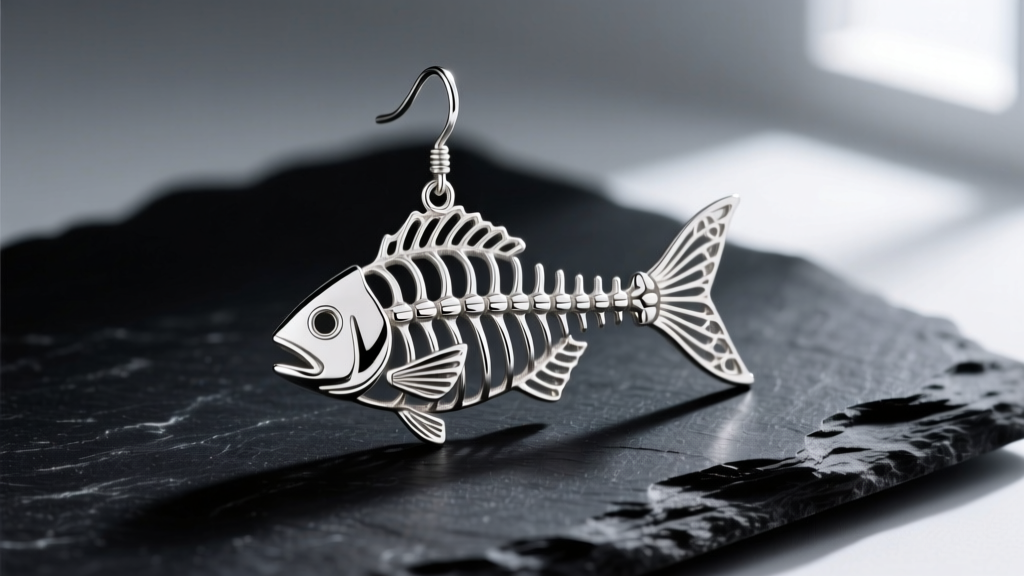 Macro shot of an articulated sterling silver fish skeleton dangle earring with intricate ribcage detailing, resting on dark slate.