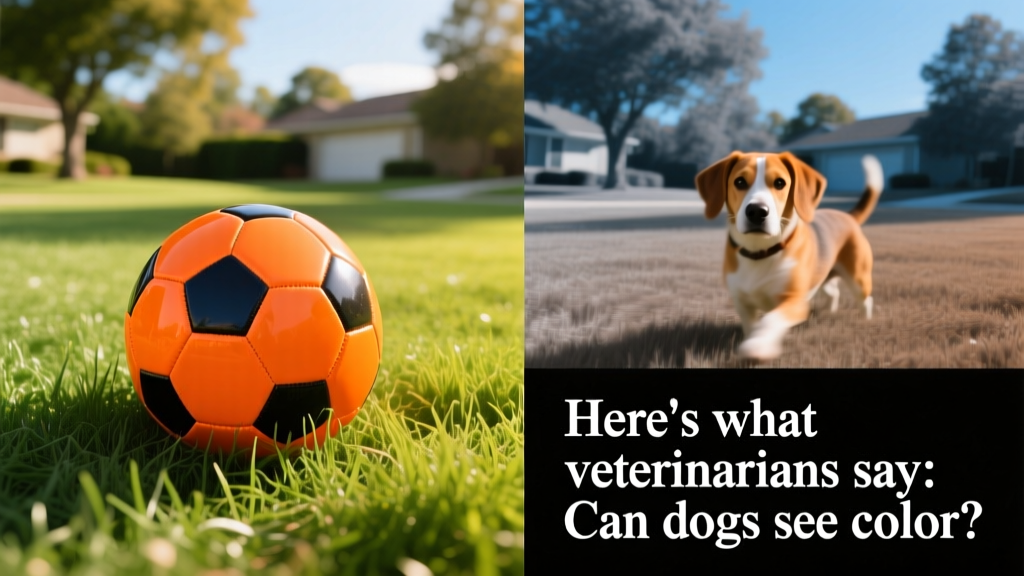Split image: left side shows a bright orange ball on green grass as humans see it; right side shows the same scene as a dog would perceive—muted oranges and greens blending together