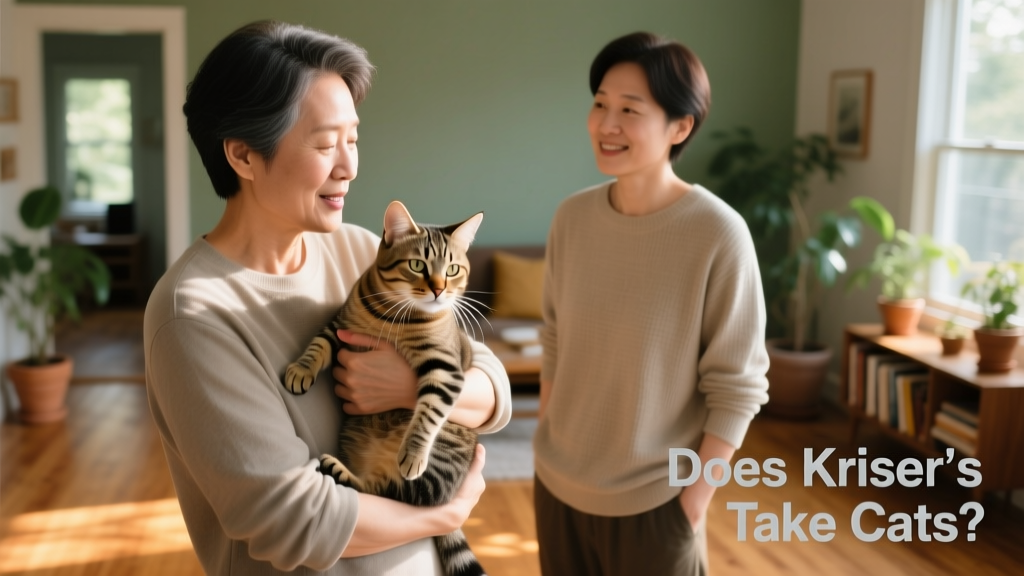 A person gently holding a cat while speaking with another adult — representing a thoughtful, in-person meet-and-greet during rehoming