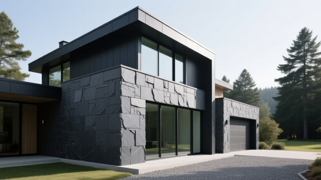 Contemporary home exterior featuring dark gray modern stone veneer panels installed seamlessly around floor-to-ceiling windows