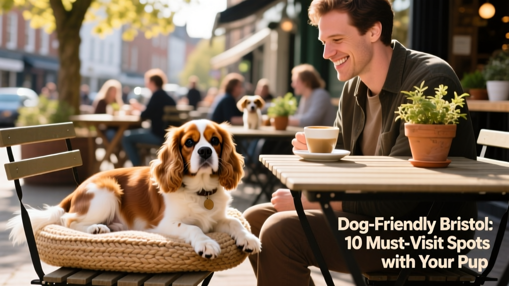 A King Charles Spaniel relaxing beside its owner at an outdoor table in a bustling Bristol café