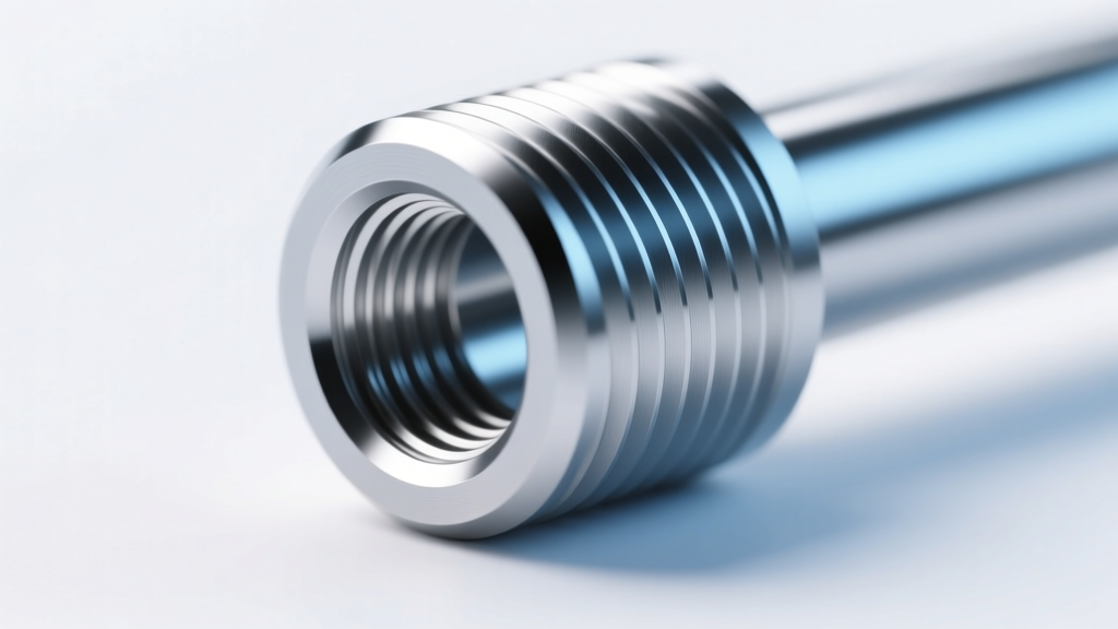 Macro shot of an internally threaded ASTM F-136 titanium barbell end, highlighting the precision mirror polish and thread grooves.