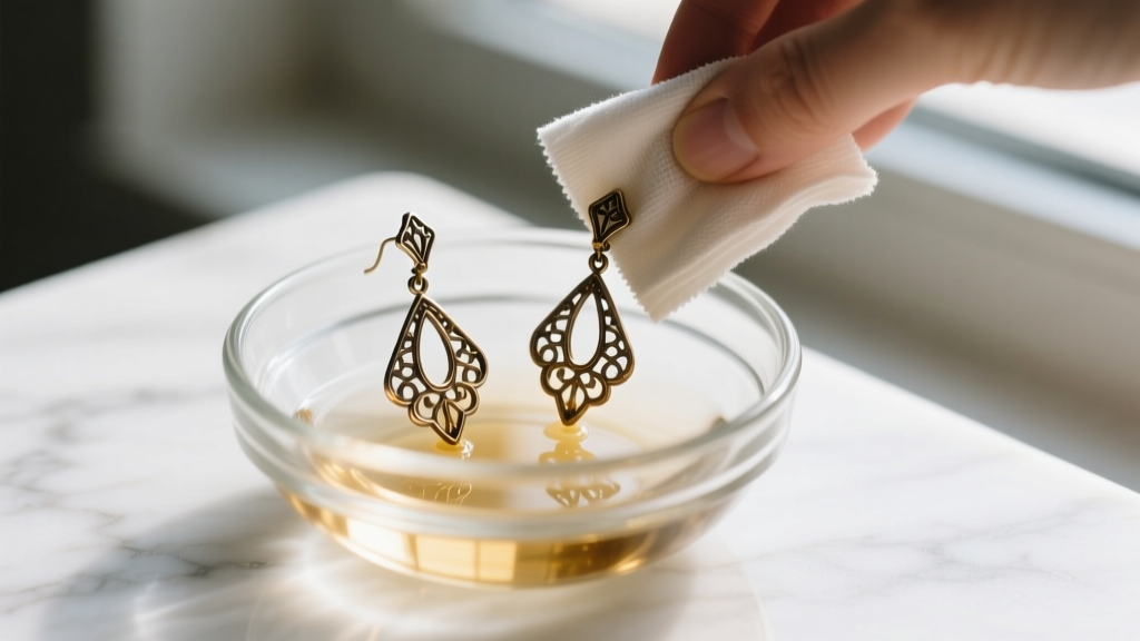 Tarnished fashion earrings being gently cleaned with a microfiber cloth and silver polishing solution in a small glass bowl