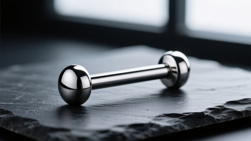 Close-up of a polished 316L surgical steel barbell on dark slate, reflecting soft studio light to show its flawless mirror finish