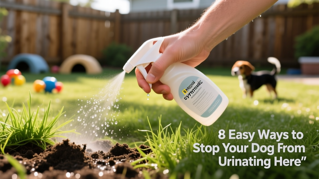 A hand applying enzymatic cleaner to grassy soil using a spray bottle
