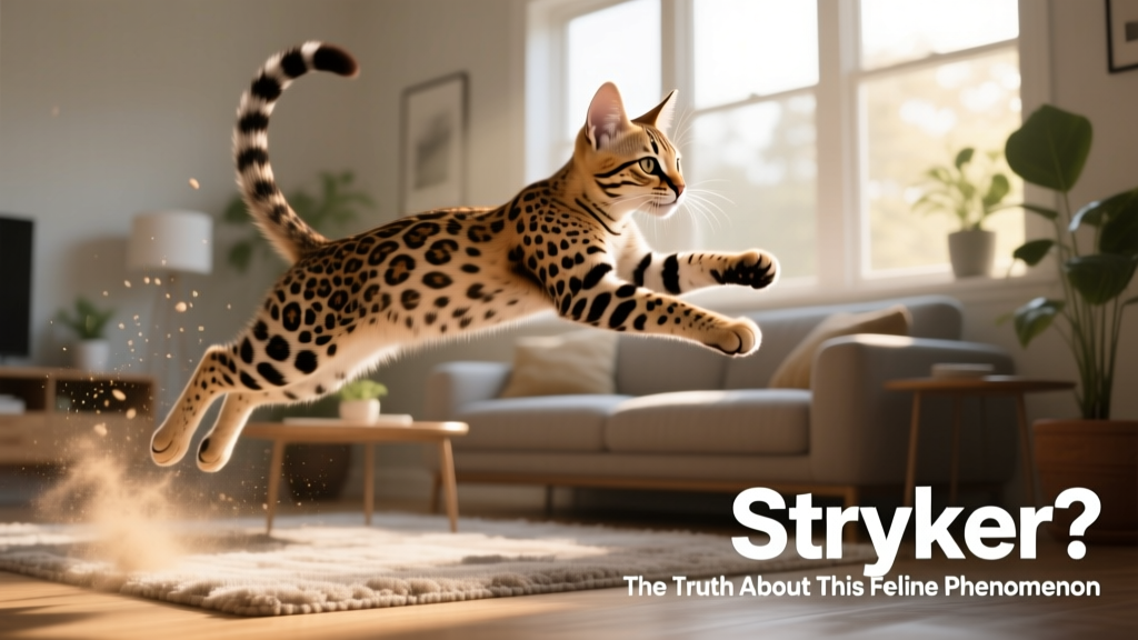 A playful Savannah kitten mid-leap, capturing its agility and muscular build against a sunlit living room backdrop