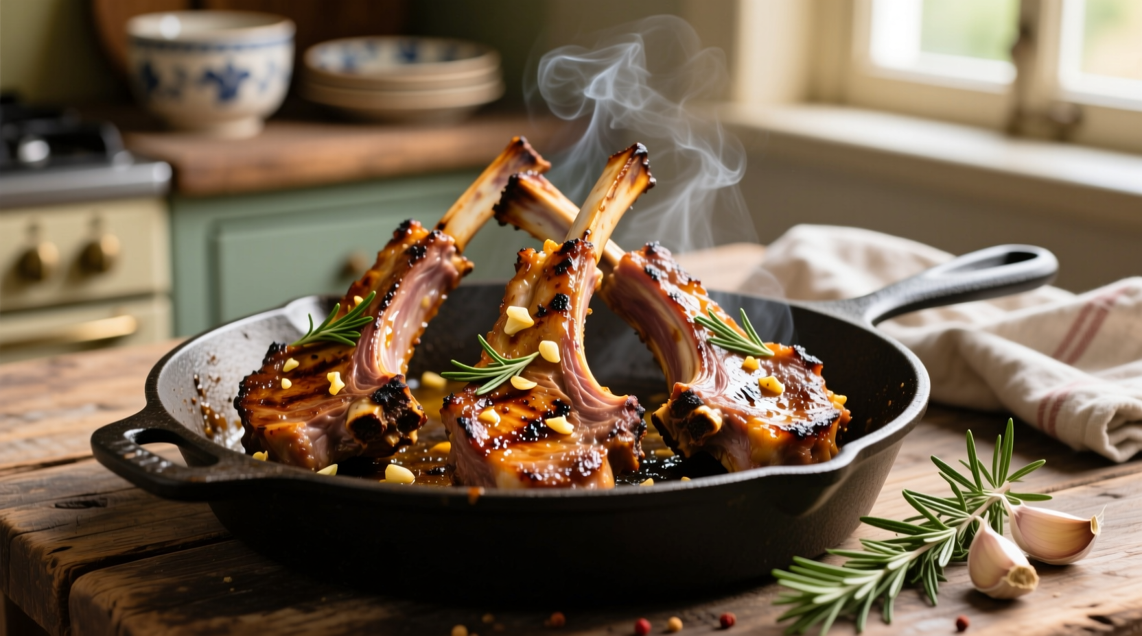 Golden-brown oven-baked lamb ribs with rosemary and garlic